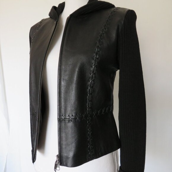 New Black Leather Ribbed Wool Cropped Zipper Hood Women’s Fashion Jacket size L - Picture 4 of 10
